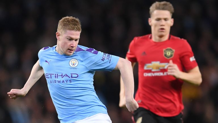 Kevin De Bruyne in action vs Manchester United at the Etihad Stadium