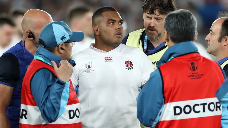 Kyle Sinckler of England is helped off the pitch after receiving treatment during the Rugby World Cup 2019 Final between England and South Africa at International Stadium Yokohama on November 02, 2019 in Yokohama, Kanagawa, Japan.