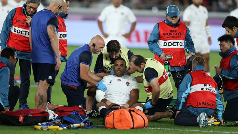 Kyle Sinckler of England receives treatment during the Rugby World Cup 2019 Final between England and South Africa at International Stadium Yokohama on November 02, 2019 in Yokohama, Kanagawa, Japan.