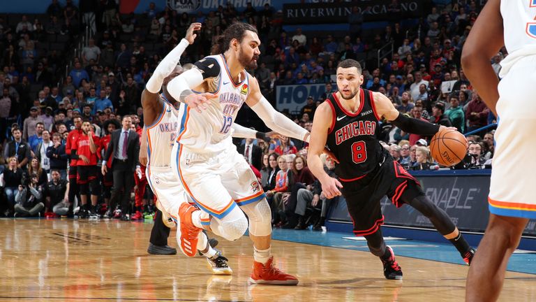 Zach LaVine of the Chicago Bulls handles the ball during a game against the Oklahoma City Thunder