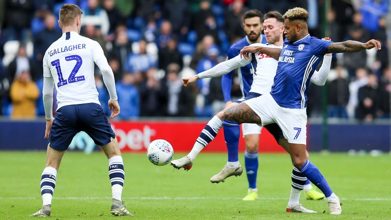 Leandro Bacuna and Paul Gallagher during the Sky Bet Championship match between Cardiff City and Preston North End at Cardiff City Stadium