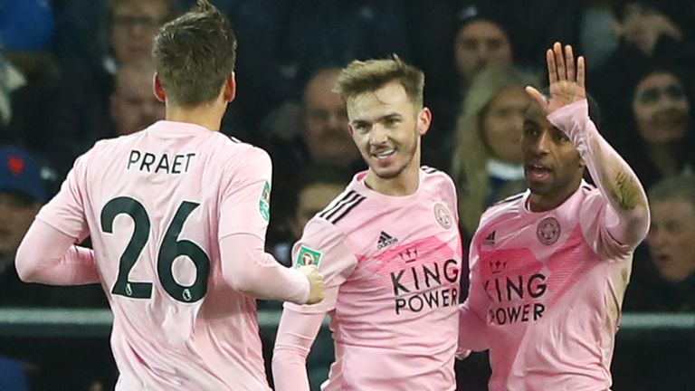 LIVERPOOL, ENGLAND - DECEMBER 18: James Maddison of Leicester City celebrates with teammates Dennis Praet and Ricardo Pereira after scoring his team's first goal during the Carabao Cup Quarter Final match between Everton FC and Leicester FC at Goodison Park on December 18, 2019 in Liverpool, England. (Photo by Matthew Lewis/Getty Images)