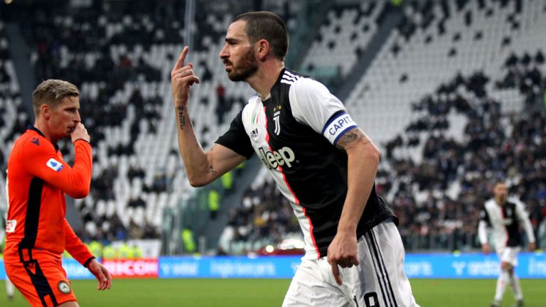 TURIN, ITALY - DECEMBER 15: Leonardo Bonucci of Juventus celebrates after his goal 3-0 during the Serie A match between Juventus and Udinese Calcio at Allianz Stadium on December 15, 2019 in Turin, Italy. (Photo by MB Media/Getty Images).