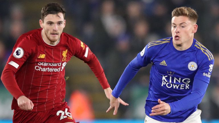 Liverpool's Andy Robertson and Leicester's Harvey Barnes chase the ball 