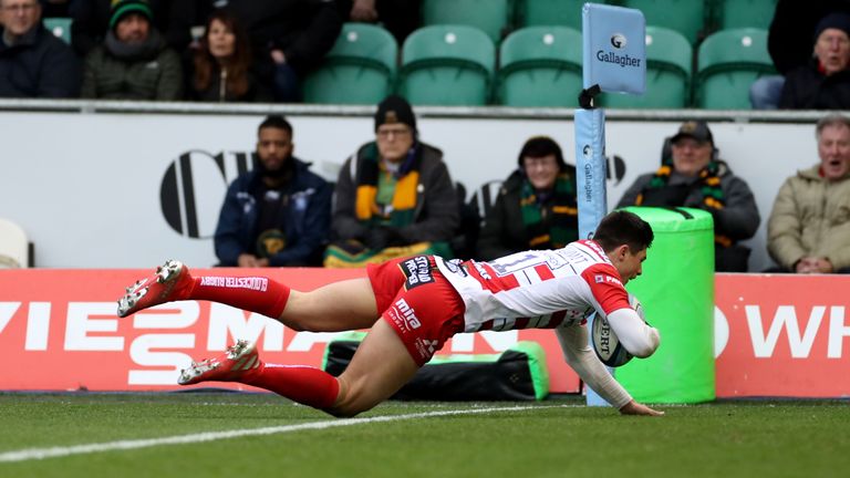 Louis Rees-Zammit scores one of three tries for Gloucester