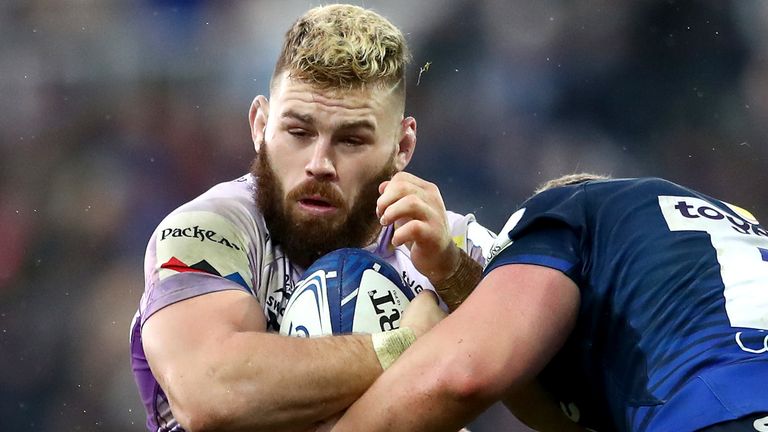 EXETER, ENGLAND - DECEMBER 15: Luke Cowan-Dickie of Exeter Chiefs is tackled by Ross Harrison of Sale Sharks during the Heineken Champions Cup Round 4 match between Exeter Chiefs and Sale Sharks at Sandy Park on December 15, 2019 in Exeter, England. (Photo by Michael Steele/Getty Images)