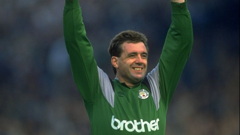 Manchester City goalkeeper Paul Cooper celebrates the 5-1 win over Manchester United in 1989