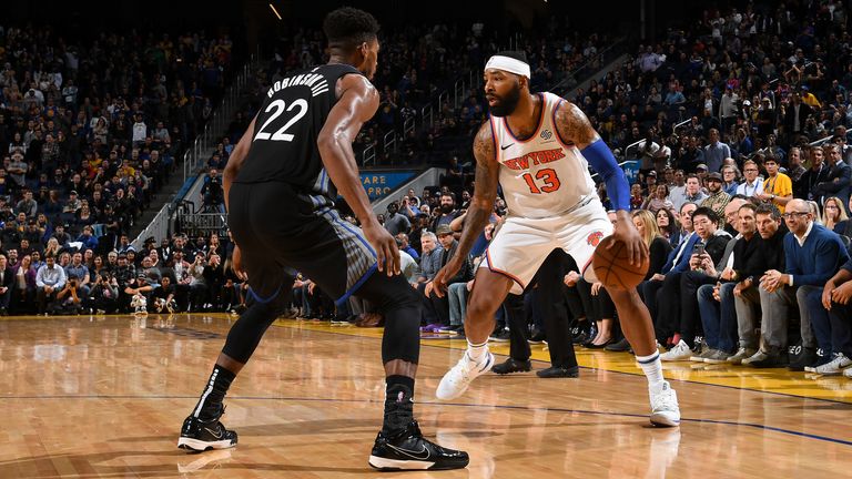  Marcus Morris Sr.  of the New York Knicks handles the ball against the Golden State Warriors