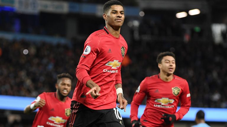 Marcus Rashford celebrates after putting Manchester United 1-0 up at the Etihad Stadium