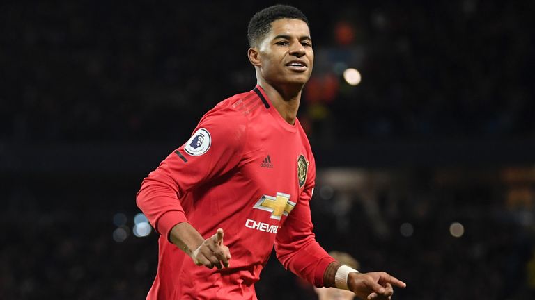 Marcus Rashford celebrates after putting Manchester United 1-0 up at the Etihad Stadium