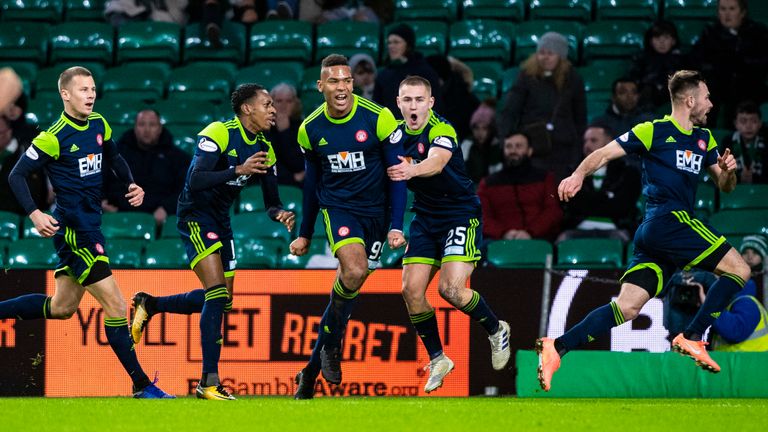 Hamilton's Marios Ogkmpoe celebrates his late equaliser to make it 1-1 