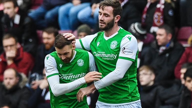 Hibernian's Martin Boyle (L) celebrates his second goal with Jason Naismith