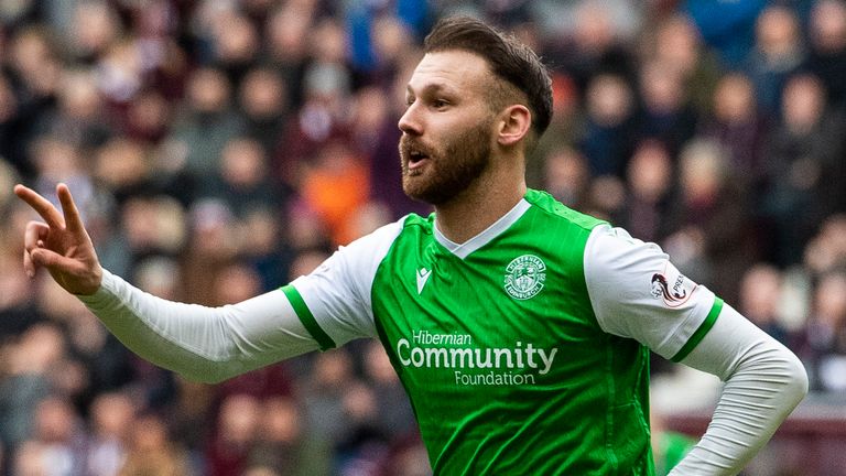 Hibernian's Martin Boyle celebrates his second goal during the Edinburgh derby 