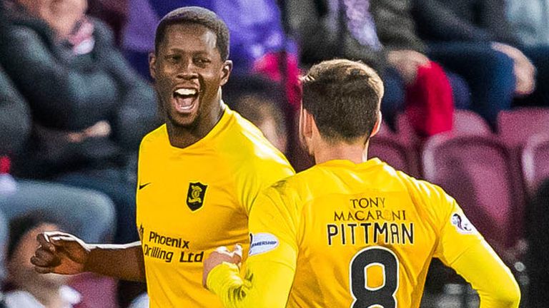 Livingston’s Marvin Bartley celebrates his goal during the Ladbrokes Premiership match between Hearts and Livingston at Tynecastle Park