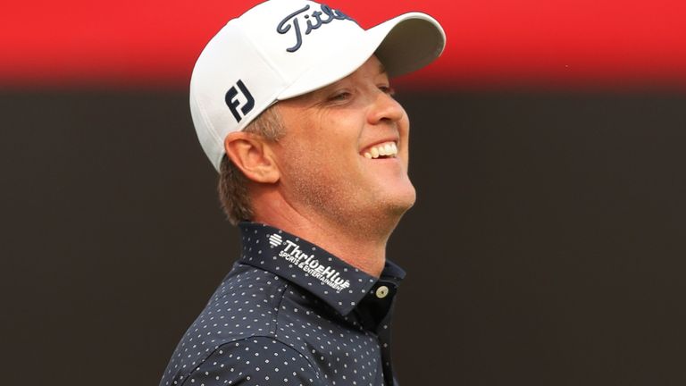 Matt Jones reacts after holing his par putt for victory on the 18th green