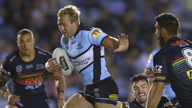 SYDNEY, AUSTRALIA - APRIL 18: Matt Prior of the Sharks runs the ball during the round 6 NRL rugby league match between the Sharks and the Panthers at PointsBet Stadium on April 18, 2019 in Sydney, Australia. (Photo by Jason McCawley/Getty Images)