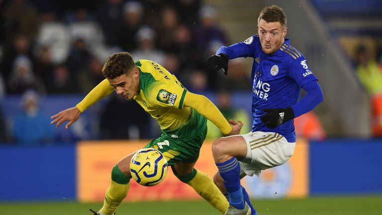 Max Aarons keeps a close eye on Vardy as Norwich earned a hard-fought point
