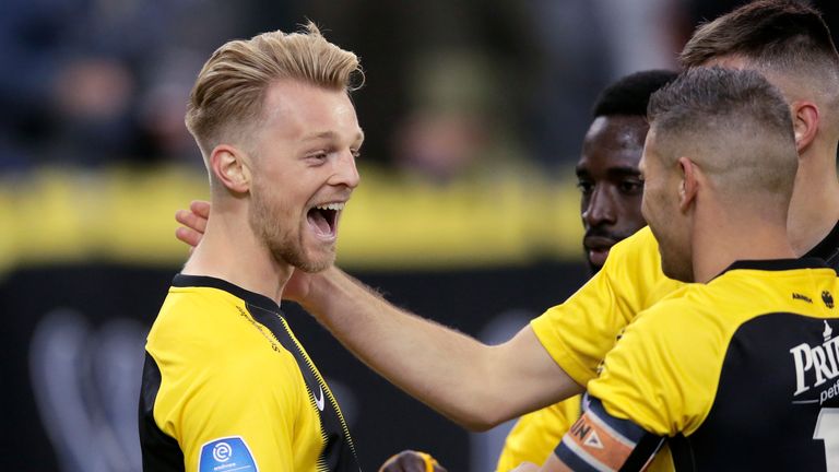 Max Clark celebrates scoring for Vitesse against Utrecht in October 2019