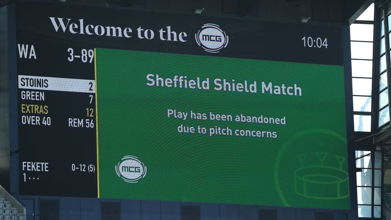 LCD screen announces play is cancelled prior to the start of day two of the Sheffield Shield match between Victoria and Western Australia at Melbourne Cricket Ground on December 08, 2019 in Melbourne, Australia. 