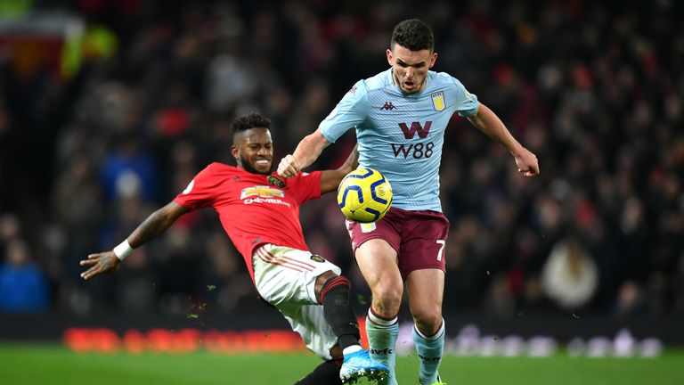 Fred of Manchester United battles for possession with John McGinn