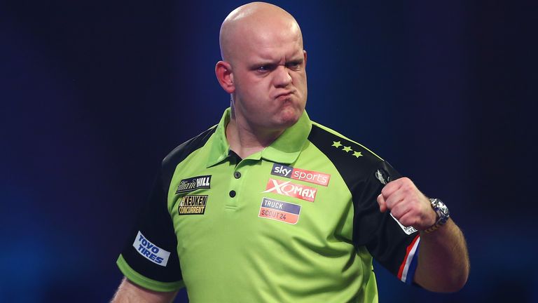 Michael van Gerwen of the Netherlands celebrates during his fourth round match against Stephen Bunting of England on Day 12 of the 2020 William Hill World Darts Championship at Alexandra Palace on December 27, 2019 in London, England.