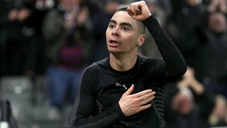 Miguel Almiron celebrates his goal against Crystal Palace