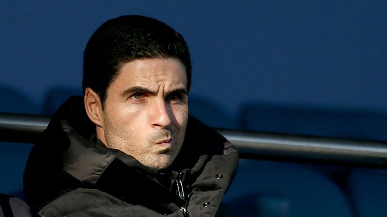 Mikel Arteta, Manger of Arsenal FC is seen in the stands prior to the Premier League match between Everton FC and Arsenal FC at Goodison Park on December 21, 2019 in Liverpool, United Kingdom.