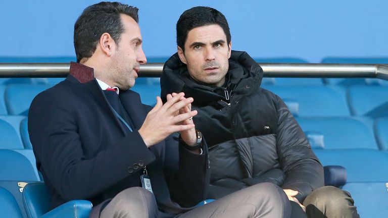 New Arsenal head coach Mikel Arteta alongside technical director Edu at Goodison Park