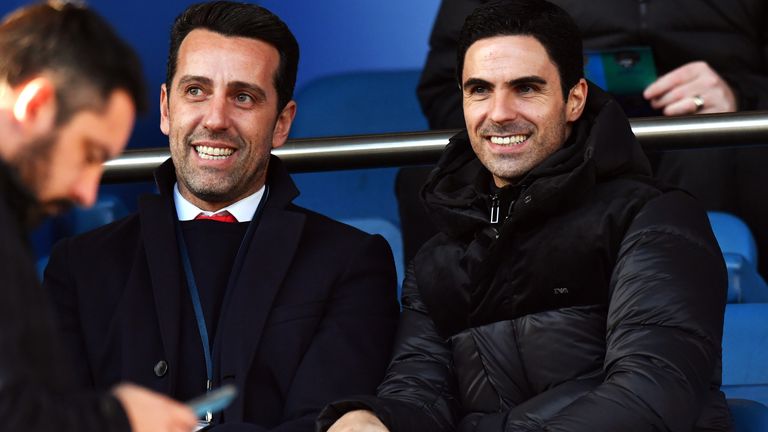 New Arsenal head coach Mikel Arteta and technical director Edu in the stands at Goodison Park