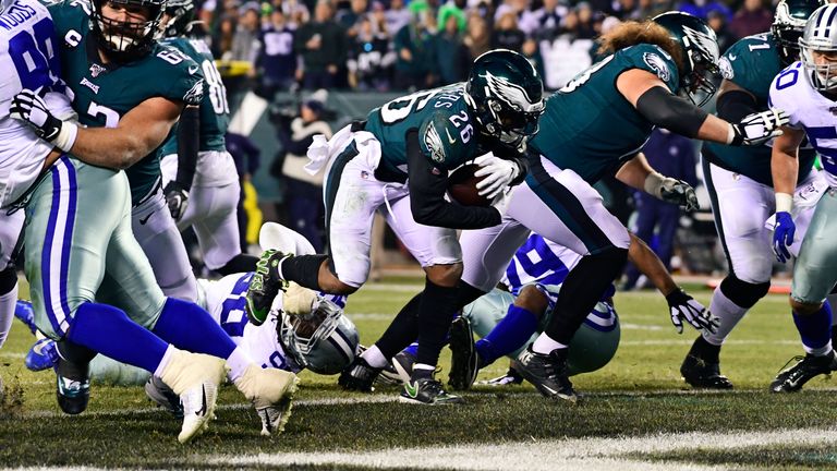 PHILADELPHIA, PA - DECEMBER 22: Miles Sanders #26 of the Philadelphia Eagles rushed for a touchdown against the Dallas Cowboys during the third quarter at Lincoln Financial Field on December 22, 2019 in Philadelphia, Pennsylvania. (Photo by Corey Perrine/Getty Images)