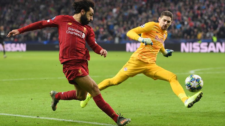 Mohamed Salah scores Liverpool's second against Red Bull Salzburg