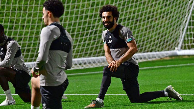 Mohamed Salah takes part in a training session at Qatar University stadium