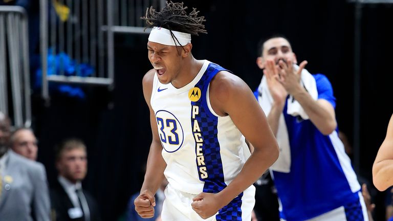 Myles Turner of the Indiana Pacers celebrates