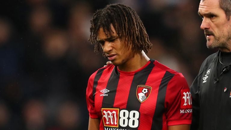 An injured Nathan Ake of AFC Bournemouth is substituted during the Premier League match between AFC Bournemouth and Liverpool FC at Vitality Stadium on December 07, 2019 in Bournemouth, United Kingdom. 
