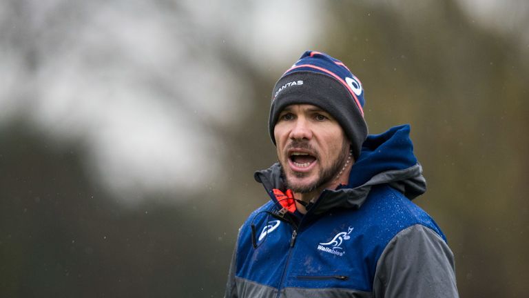 Defence coach Nathan Grey gives instructions during an Australia training session at The Lensbury on November 20, 2018 in London, England. 