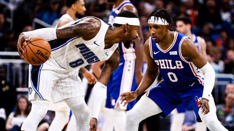 Terrence Ross of the Orlando Magic faces off with Josh Richardson of the Philadelphia 76ers in the second half at Amway Center