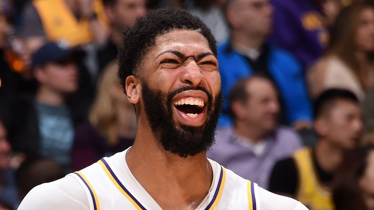 Anthony Davis of the Los Angeles Lakers smiles during his 50-point game against the Minnesota Timberwolves on Sunday