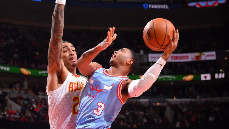 CHICAGO, IL - DECEMBER 28: Shaquille Harrison #3 of the Chicago Bulls drives to the basket against the Atlanta Hawks on December 28, 2019 at the United Center in Chicago, Illinois. NOTE TO USER: User expressly acknowledges and agrees that, by downloading and or using this photograph, user is consenting to the terms and conditions of the Getty Images License Agreement. Mandatory Copyright Notice: Copyright 2019 NBAE (Photo by Bill Baptist/NBAE via Getty Images)
