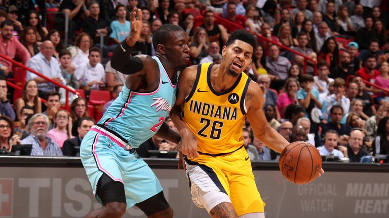 MIAMI, FL - DECEMBER 27: Jeremy Lamb of the Indiana Pacers handles the ball against the Miami Heat at American Airlines Arena 