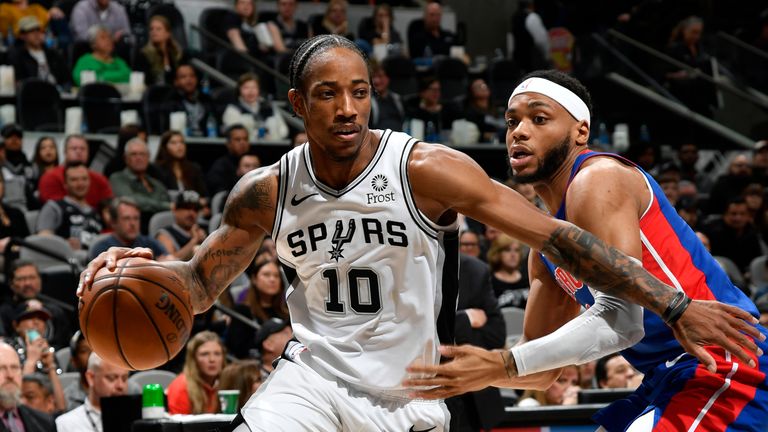 SAN ANTONIO, TX - DECEMBER 28: DeMar DeRozan #10 of the San Antonio Spurs handles the ball against the Detroit Pistons on December 28, 2019 at the AT&T Center in San Antonio, Texas. NOTE TO USER: User expressly acknowledges and agrees that, by downloading and or using this photograph, user is consenting to the terms and conditions of the Getty Images License Agreement. Mandatory Copyright Notice: Copyright 2019 NBAE (Photos by Logan Riely/NBAE via Getty Images)
