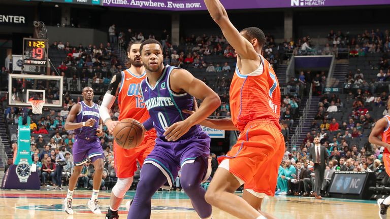 Miles Bridges of the Charlotte Hornets handles the ball against the Oklahoma City Thunder