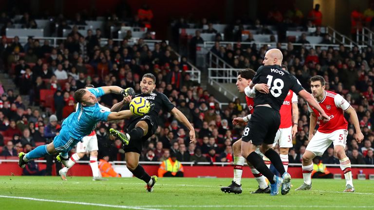 Neal Maupay can't quite convert from close range against Arsenal 