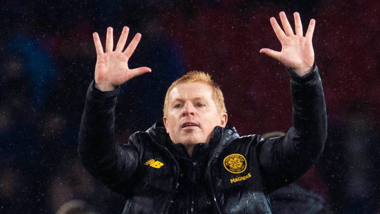 Celtic manager Neil Lennon celebrates after the Scottish League Cup Final between Rangers and Celtic, at Hampden Park