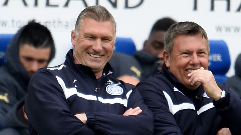 Nigel Pearson and Craig Shakespeare during the Barclays Premier League match between Leicester City and Newcastle United at The King Power Stadium on May 2, 2015 in Leicester, England.