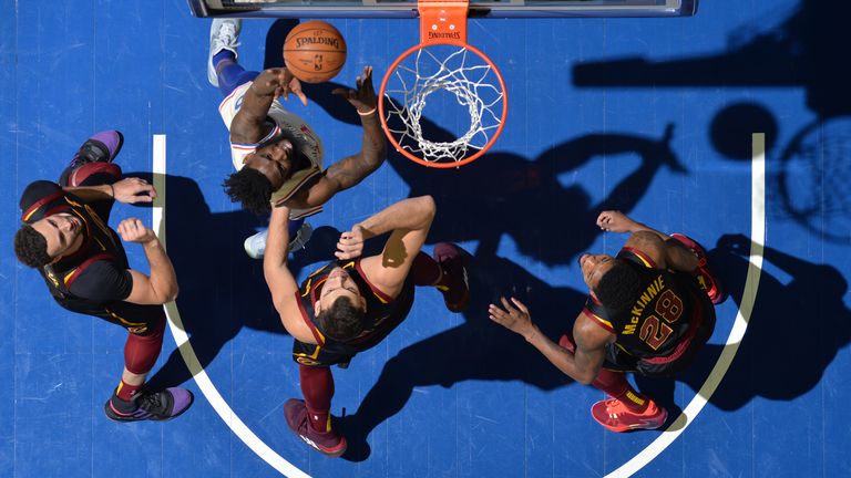 Norvel Pelle of the Philadelphia 76ers shoots the ball against the Cleveland Cavaliers