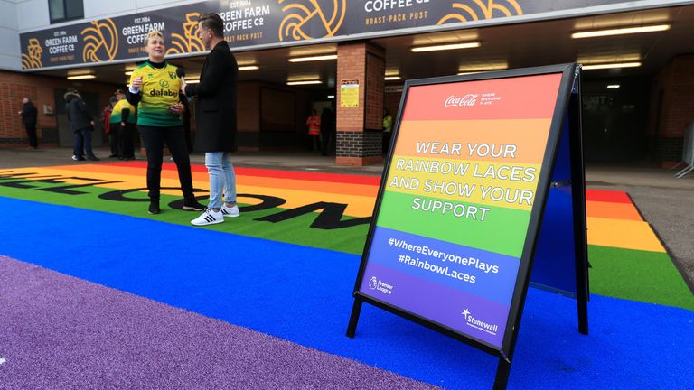 NORWICH, ENGLAND - DECEMBER 08: A sign in support of the Stonewall Rainbow Laces campaign is displayed outside the stadium prior to the Premier League match between Norwich City and Sheffield United at Carrow Road on December 08, 2019 in Norwich, United Kingdom. (Photo by Stephen Pond/Getty Images)