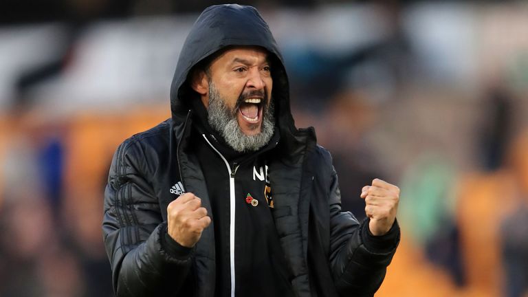Nuno Espirito Santo, Manager of Wolverhampton Wanderers celebrates following his sides victory in the Premier League match between Wolverhampton Wanderers and Aston Villa at Molineux on November 10, 2019 in Wolverhampton, United Kingdom.