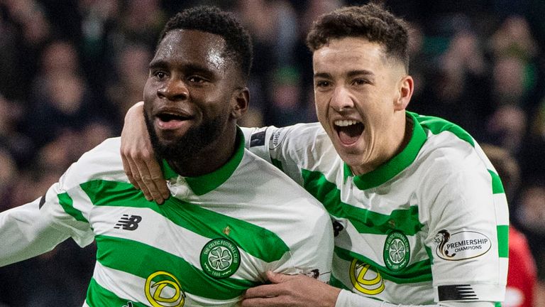 Celtic's Odsonne Edouard celebrates his winning goal with Mikey Johnston