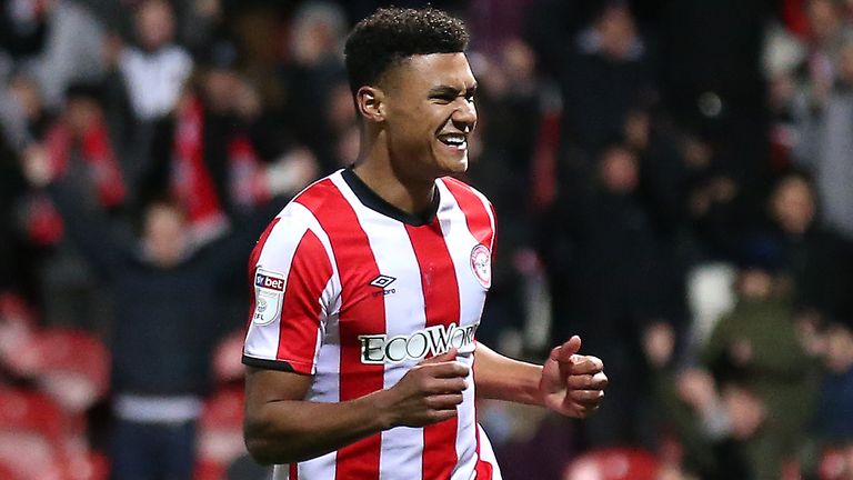 Ollie Watkins celebrates a goal for Brentford