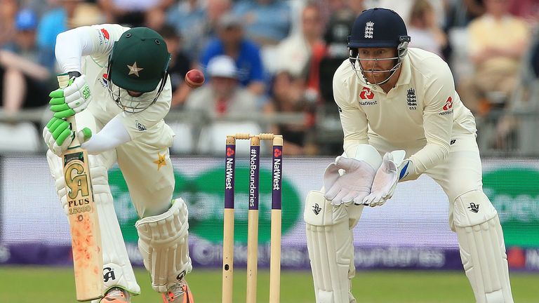 Pakistan batsman Imam Ul-Haq is trapped lbw (leg before wicket) for 34 on the third day of the second Test cricket match between England and Pakistan at Headingley cricket ground in Leeds, northern England on June 3, 2018
